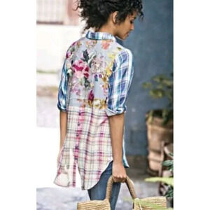 Soft Surroundings S Serena Mixed Media Button Shirt Top Plaid Floral Embroidered